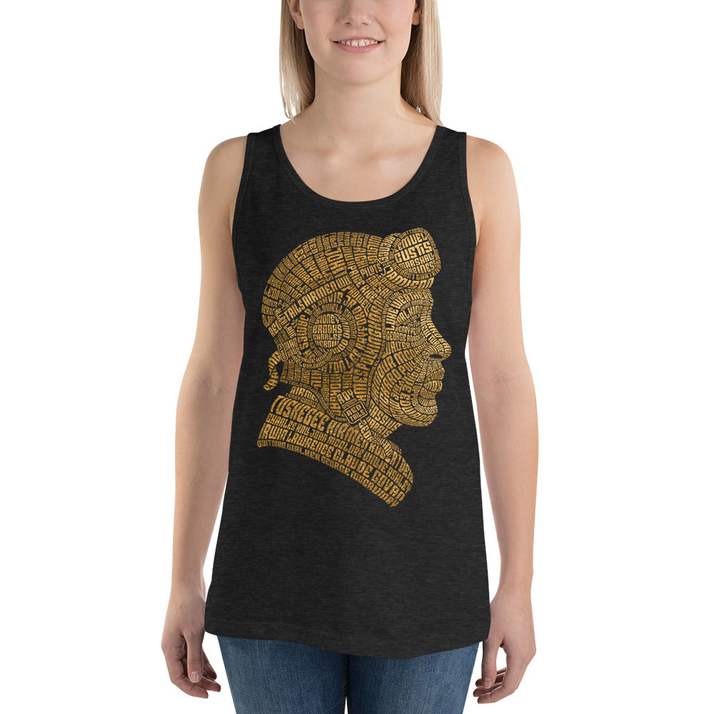 Tuskegee Airmen Tribute Typography in Gold on Unisex Tank Top