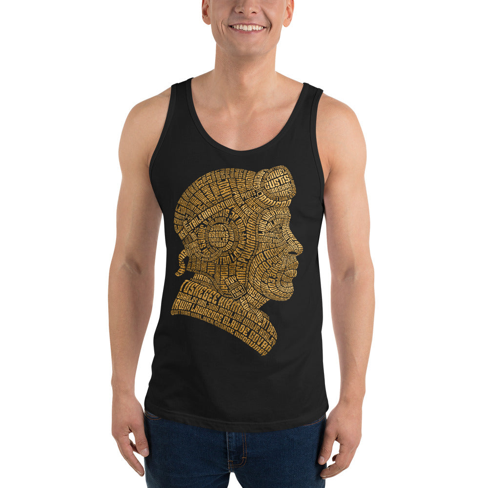 Tuskegee Airmen Tribute Typography in Gold on Unisex Tank Top