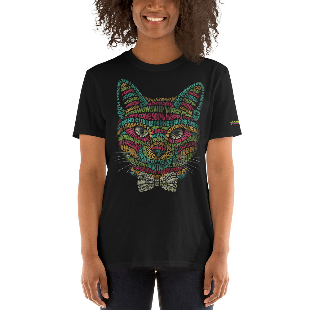 Cat Face Multicolor Typography Graphic on Short-Sleeve Unisex T-Shirt