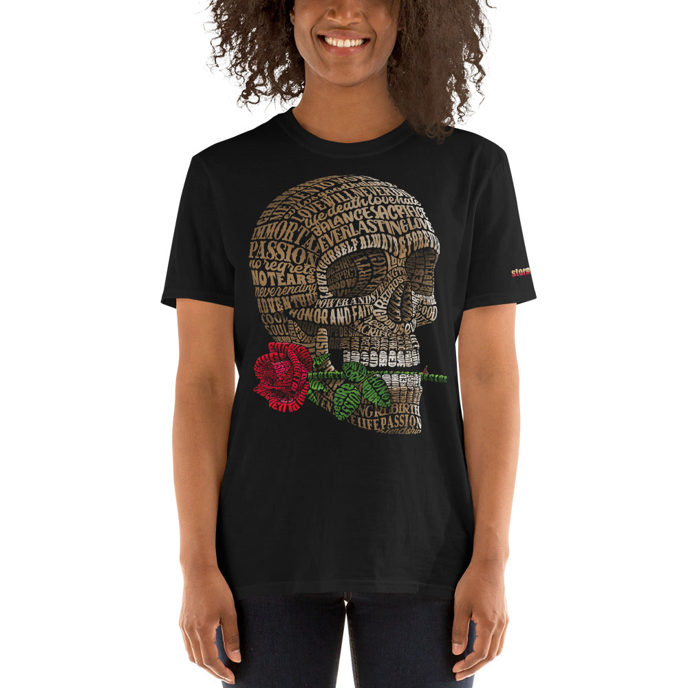 Skull Head with Red Rose on Short-Sleeve Unisex T-Shirt