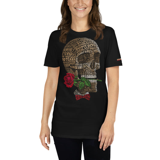 Skull Head with Red Rose and Bow Tie on Short-Sleeve Unisex T-Shirt