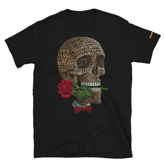 Skull Head with Red Rose and Bow Tie on Short-Sleeve Unisex T-Shirt