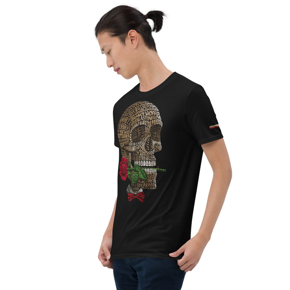 Skull Head with Red Rose and Bow Tie on Short-Sleeve Unisex T-Shirt